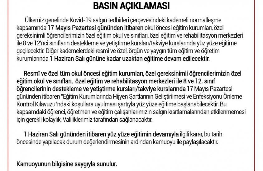 17 Mayıs’ta anaokulu ve 8 ile 12’nci sınıflar açılıyor